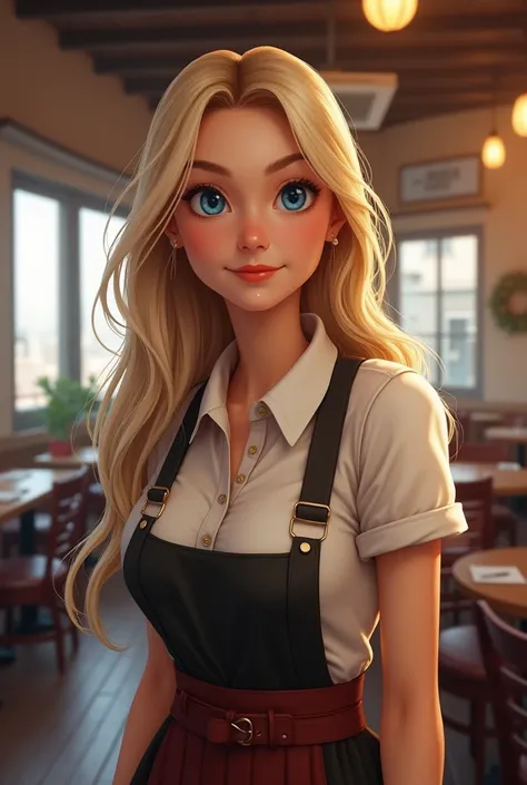 A German woman, Youngh, Long blond hair, lightblue eyes, beautiful smile, Bust Big, natural beautiful, waitress clothes, inside a restaurant, realisitic