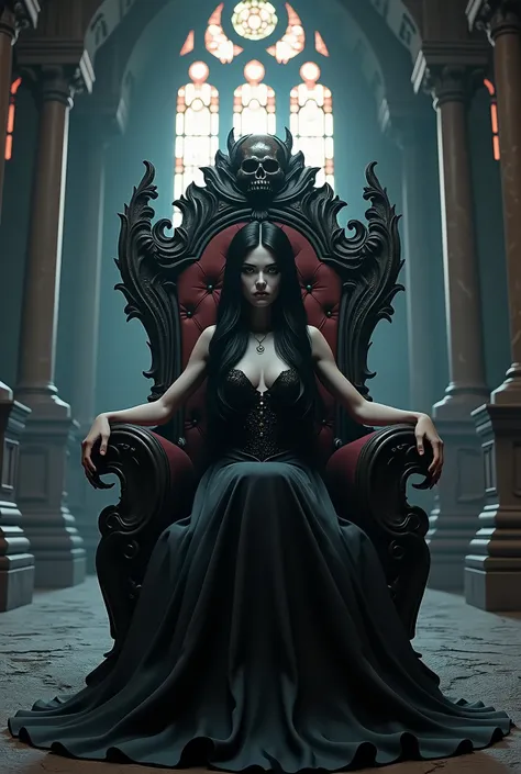 A cinematic-quality 3D render of a dark fantasy scene with a woman named LadyVenus sitting on a twisted dark wood throne with a skull backrest. The room is dimly lit with stained glass windows casting an eerie glow. The background reveals a gothic room wit...