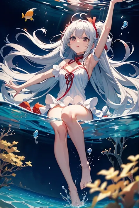 masterpiece, Highest quality, High resolution，Follow the on-screen instructions、Anime Style、Follow the on-screen instructions、One Girl、Long silver hair、Coral Reef、fish、Drop position、Falling、Look up, bend your knees, and reach your arms out toward the water...