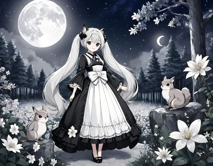 All in a monochrome world、A world in black and white、In the mysterious forest、Lots of flowers、Mysterious long hair、Beautiful girl with twin tails、smile、looking at the camera。Long dress、full moon、shooting star、milky way、Big Owl、Cute squirrel、全てA world in bl...