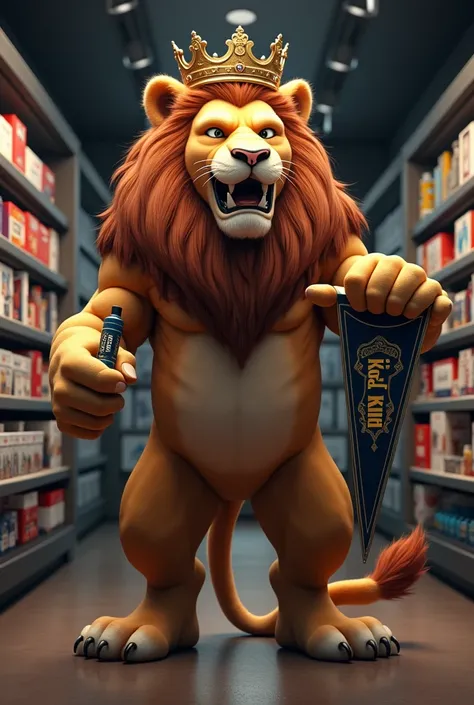 Disney pixar :A muscular crowned lion holding a disposable electronic cigarette in one paw and a pennant in the other paw,pointing to the one with the name King Pod, inside a room with shelves full of electronic cigarettes on display 