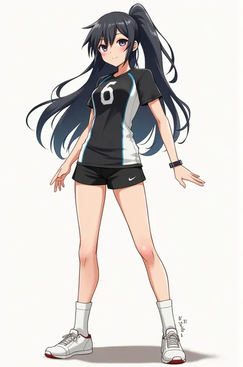 Haikyuu!! female character sketch art of a girl with  body slim and athletic with medium bust and thighs,turned legs, with asian skin,she has long black layeredcut and voluminous hair with bangs ,almond shaped gray eyes,she wears a Karasuno volleyball club...