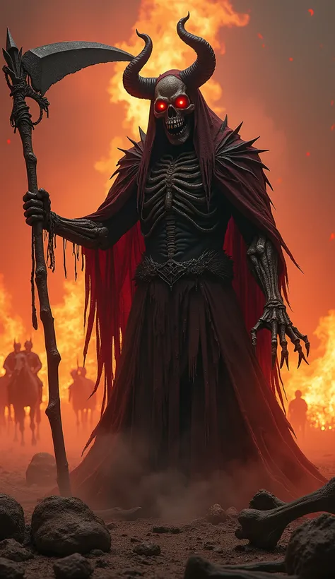 devil horns，claws, with the reaper&#39;in hand，creepy ambiance，dentes pontiagudos，Angry，Full body lesbian，powerful aura，A strong feeling of oppression，incredibily detailed，Red-eyed skeleton，The flames of hell are raging，Skeleton Legion，riding his deformed ...