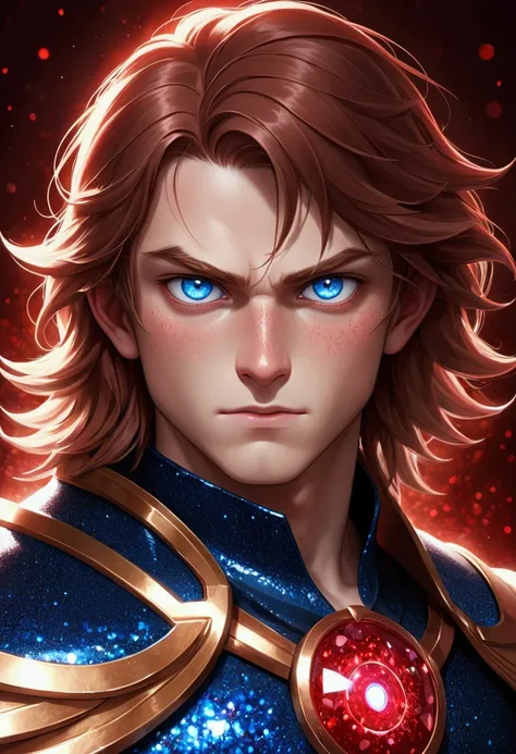 Draw a boy with blue eyes and red sparkles in his eyes. he has brown middle long hair. he has small red stones floating around him which his power comes from. he looks very powerful and a bit evil. 