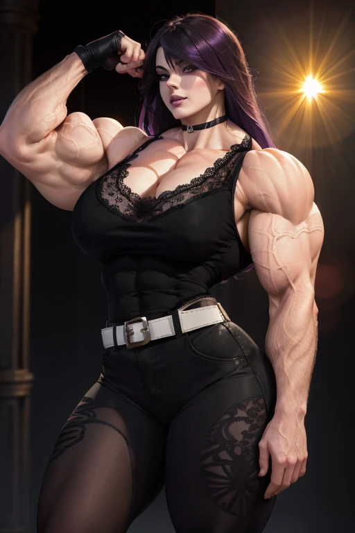 ((Close-up)), tall, (violet purple hair) beautiful muscular woman, long hair with long bangs, pale white skinned, closed smile, large breast, (black lipstick), (massive muscles), (hyper muscle), ((ginormous bulky muscles)), black eyes, (((black lace tank t...