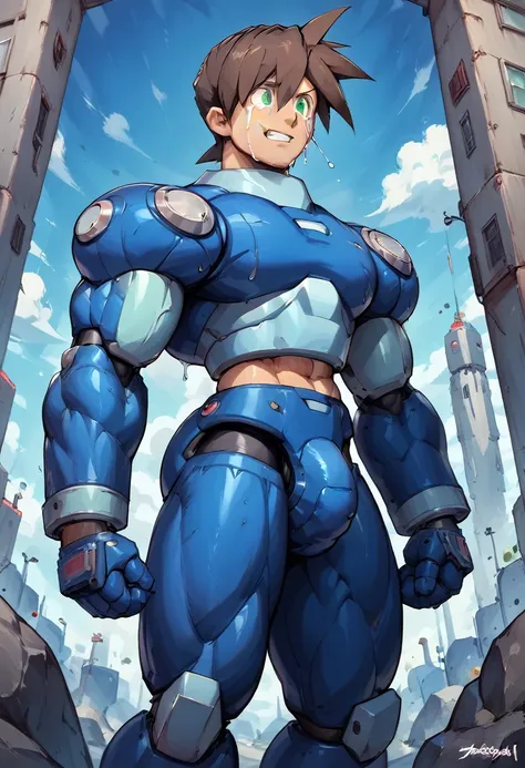 Highest quality,RAW Photos,Professional Art Works,m3g4m4n,Blue Armor,Brown Hair,The Boy of,male focus, brown hair, green eyes, 独奏, android, hair between eyes,((Huge muscles,Huge erect penis,)),Rock Buster on the right hand,Crying face,Excessive sweating an...