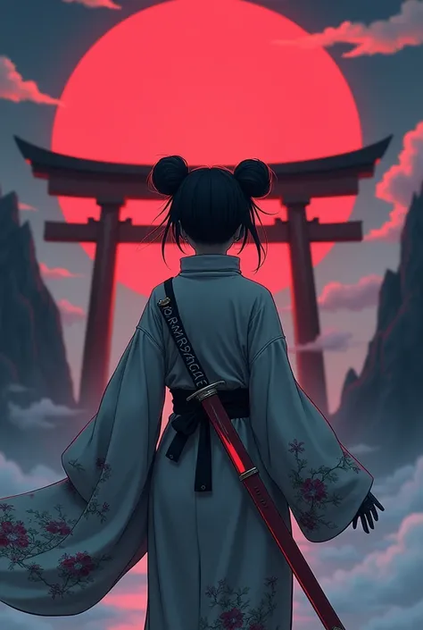 ((Anime style:1.8)), A back-view shot captures the cyborg warrior as she stands with her katana slung across her back, the blade reflecting the red moonlight. Her short double pom-pom hair and mechanical jaw are just visible from behind, while her baggy ki...