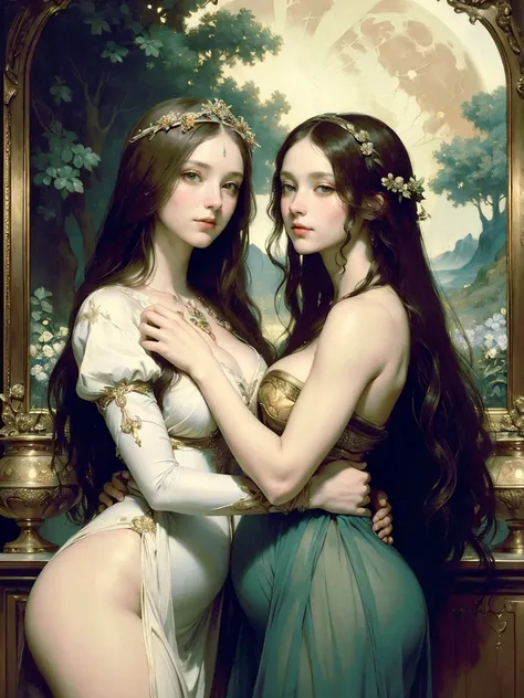 (masterpiece, highest quality, official art, beauty and aesthetic:1.5), oil painting by Leonardo da Vinci and Alfons Maria Mucha, (perfect anatomy), two gorgeous and stunning pale-skinned young pregnant goddesses is deeply in love with each other, kiss, fa...