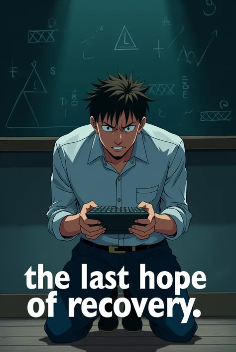 Create an anime-style movie cover of a man on his knees crying with a calculator in front of a blackboard with triangles and lines on it and in big letters below you put the title "The last hope of recovery"