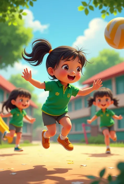 Pixar-type image of kindergarten girls playing volleyball in green sports polo shirts 