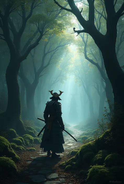 A samurai in a shadow Forest found a light tô escape