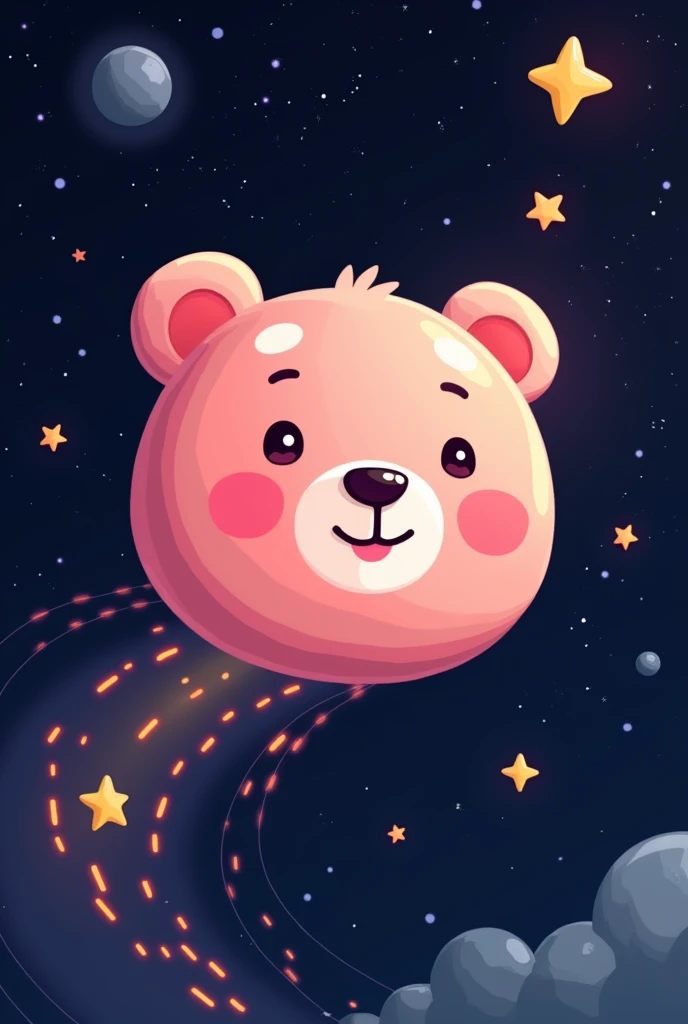 2d drawing of a cute pink bear head smiling falling through space like a shooting star 