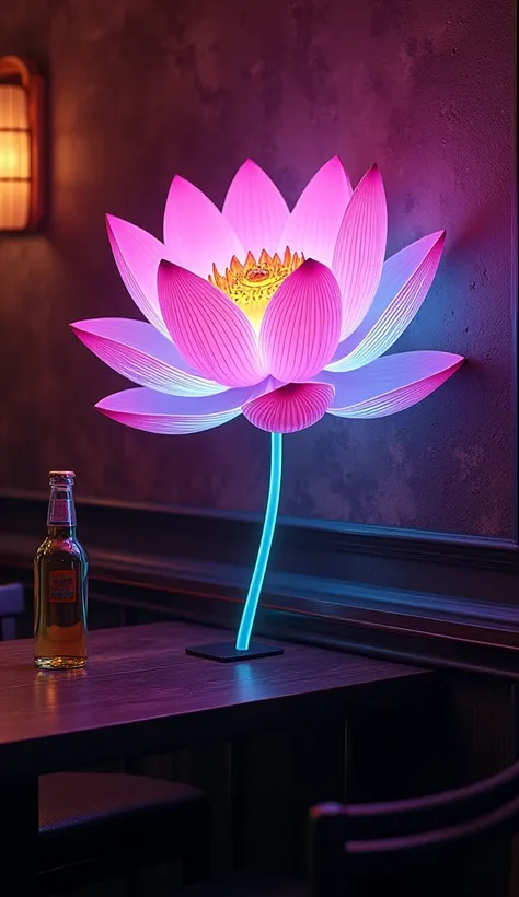 A beautiful lotus flower with neon lights on a rustic bar wall - 1.5m, , a bar table with chairs, a beer bottle napkin holder, bar ornaments, National Geographic style photography, intricate details, highly detailed, 8k, photorealistic, hyper-detailed, stu...