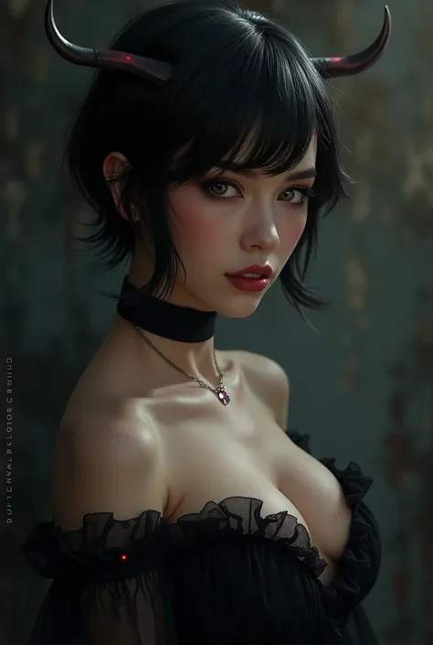  create an image of a beautiful succubus, thin and young looking, with slightly wavy black hair in a pixie cut