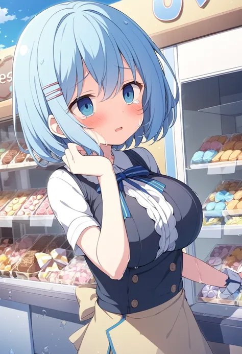 orimiyayui, short hair, blue hair, hair ornament, blue eyes,, , large breasts, , , empty eyes , large breasts, , , sweets shop, ...