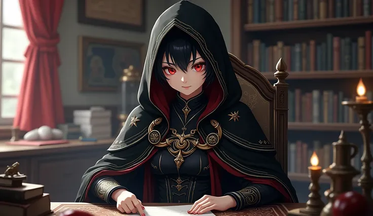 a cunning warrior mage, dark black armor and hooded cloak, attractive young adult, porcelain white skin, short black hair, piercing red eyes, slight cunning smile, sitting at a desk, Fantasy style, Anime Style, 