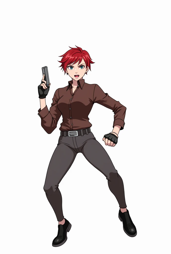 drawing of a woman with red hair and a brown blouse, single character full body, full-length portrait of a short!, a raging teenage killer, female protagonist 👀 :8, badass pose, full-body character portrait, full body portrait of the character, anime style...