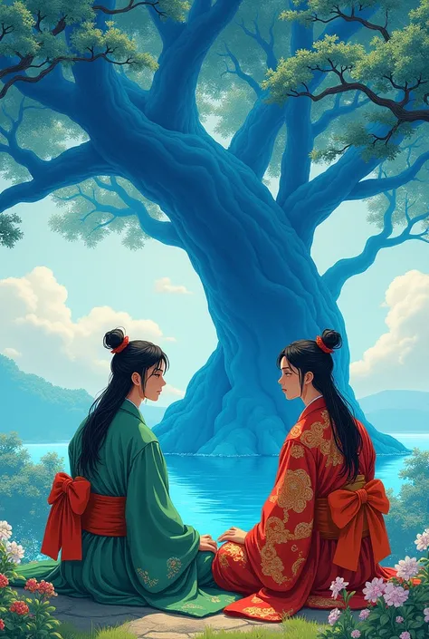 Two men in green and red kimono with long green and red hair sitting near a blue tree 