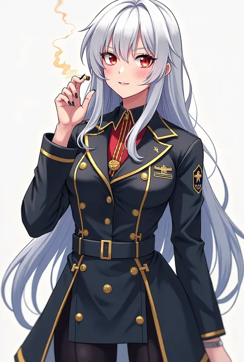 anime styling,Woman,fully body,White hair, smoking, wearing a military uniform hanging over his shoulders, adult, Red eye, scar on eye