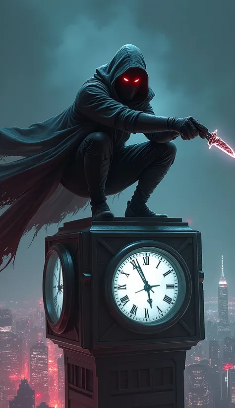 a closeup of fantastical image of an assassin, darkness of night fall, clad in flowing, flowing scarf, sword carried behind the body, squatting on top of the building at the end of the clock tower like an assassin, sitting squatting pose, hands touch the g...