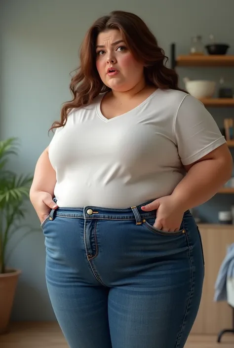 slightly chubby woman with jeans button popping