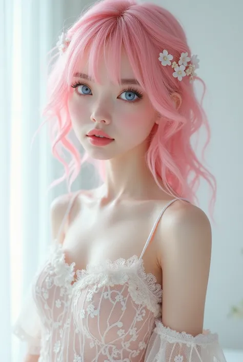 A beautiful delicate girl wearing a Lolita dress with pink hair, 8K, ultra-detailed, soft texture, pure white background, porcelain skin, intricate lace dress, big blue eyes, small nose, full pink lips, long eyelashes, elegant pose, high quality, delicate,...