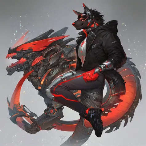 (Masterpiece:1.0), (High Detailed Skin:1.0), (High Quality:1.0), Detailed Realistic Background:1.3, score_9, score_8_up, score_8, Male, Robotic body, black metal, furry, dog , black visor, black jacket, full body, black hair, red neon tail