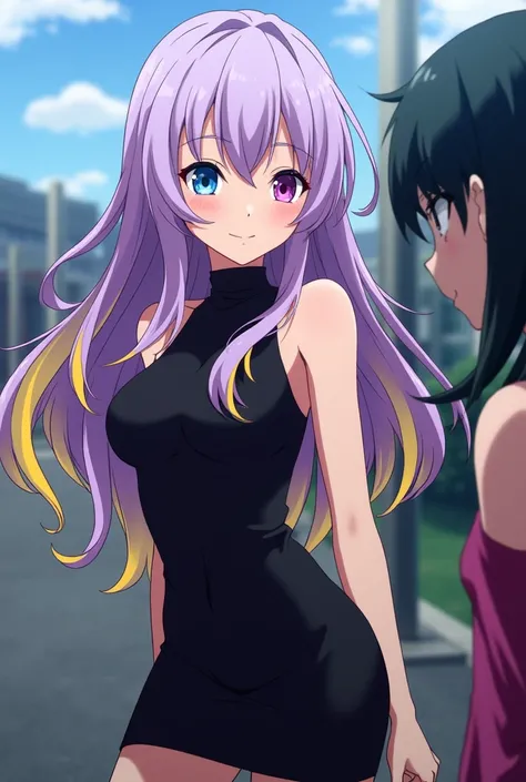 Screenshot of Boku No Hero Academia, girl with long lilac hair with yellow tips, two-color eyes, one blue and one purple. Wearing a tight black dress. With a beautiful attractive body. High and next to Kaminari Denki