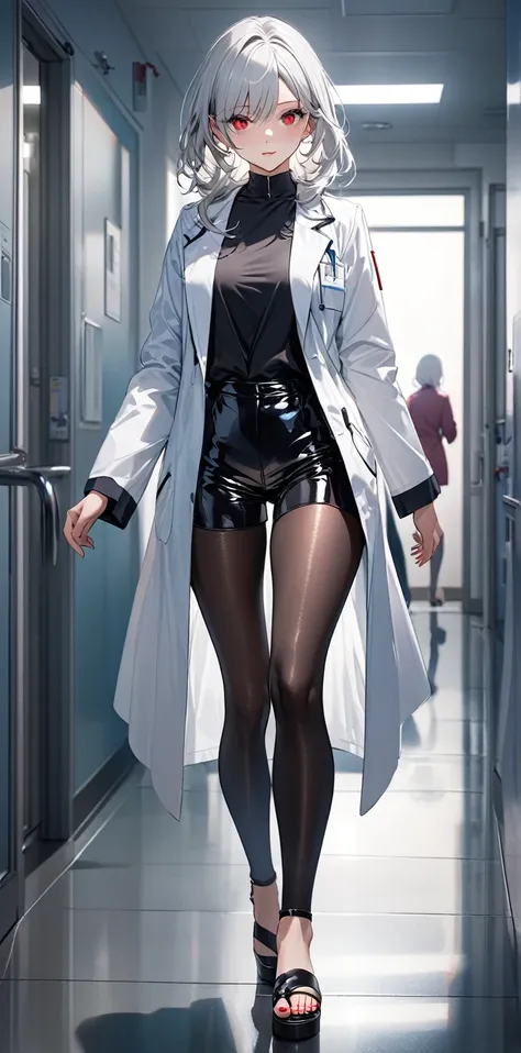 Ultra high resolution, rich colors, perfect image, best quality, detailed image, beautiful woman, glowing skin, skin and clothing texture, delicate eyes, inside the hospital, walking, shirt, black patent leather shorts, tights, sandals, doctors white coat,...