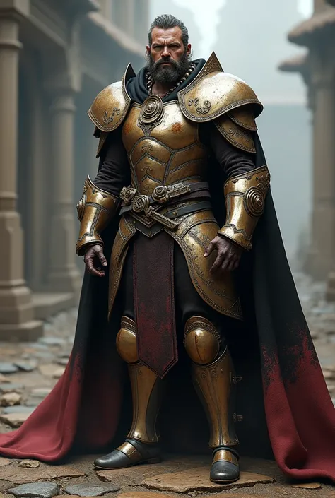 man with frying pan armor and a black and red cape he wears a frying pan and has a frying pan outfit Full of frying pans