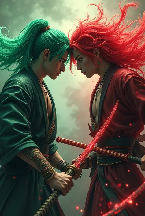 A green-haired man with a sparkling green katana A red-haired man with a blood-red katana 