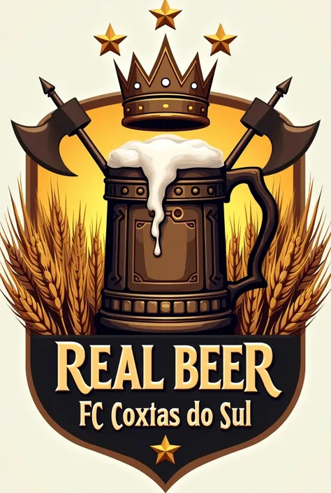 Create a football team crest using beer, add wheat, add a crown and stars, Viking style mug and a Viking axe, write real beer fc Caxias do Sul