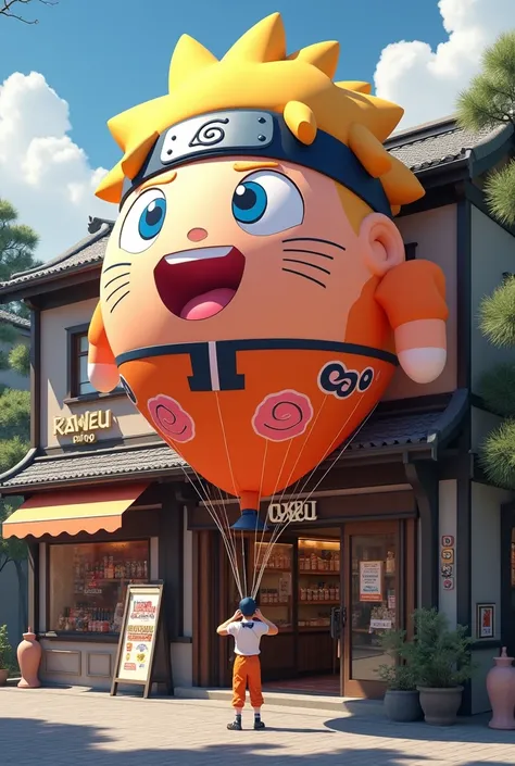 An advertising balloon in front of a store, as if inviting someone to enter the store, This balloon must be at floor level.
The image must be from Naruto