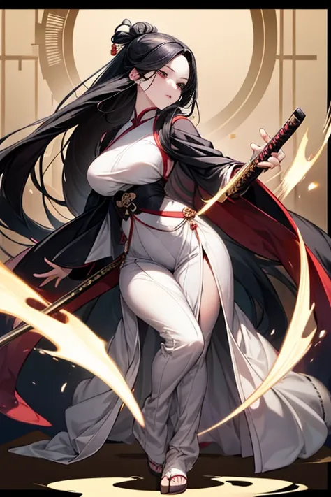 A lady, creamy fair skin, long black hair that reaches to the hips, black hanfu that outlined her body, mature and full body, leaning on a pitch black katana sword, below the black eyes there was a delicate mole.