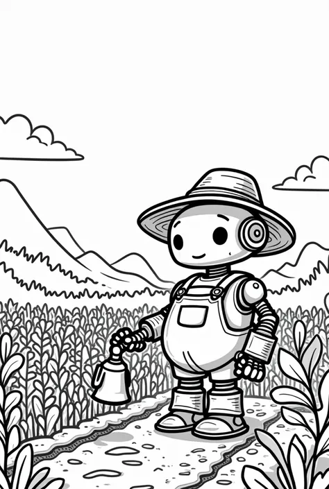 coloring book for kids of a Robot Farmer taking care of a plantation, style cartoon, thick lines without color, drawing background white, just traces
