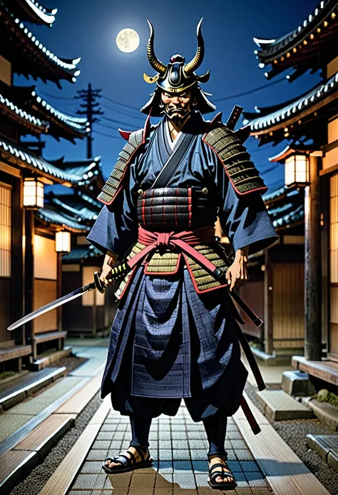 A samurai with a demonic face stands in a city at night during the Edo period