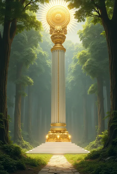 divine sanctuary in the middle of the forests with a single huge white and golden pillar in the center 