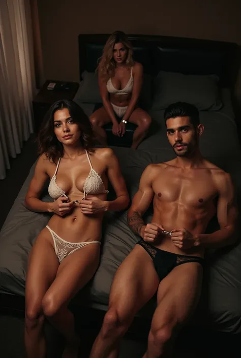 two Brazilian men in lingerie handcuffed to a bed and a woman sitting in a chair watching