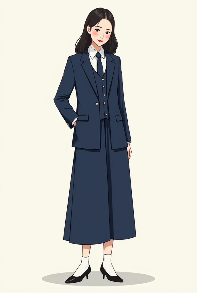 Navy blue promotion suit sketch with white socks Korean style with tie, vest, long skirt and waist-length jacket with four buttons 
