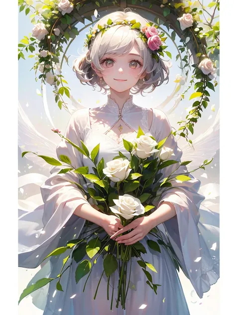 (masterpiece、Highest quality、Highest quality、Beautiful and beautiful:1.2)、(Perfect Anatomy:1.2)、Milky white straight hair girl、Flower Fairy、Rose Fairy,Rose flower,Rose Costume、A radiant smile、Sparkling eyes、Looking into the camera、Flowers and leaves on hea...