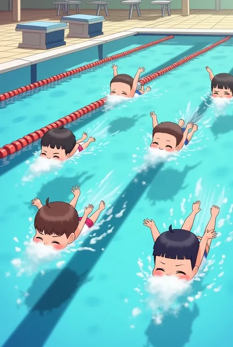 Chibi-style children swimming backstroke in an Olympic-sized swimming pool, seen from the side, with arms stretched back, kicking in the water