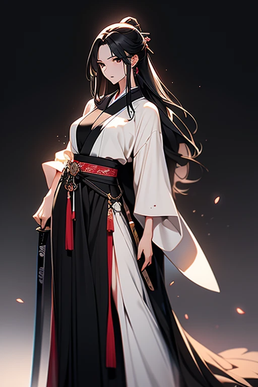 A lady, creamy fair skin, long black hair that reaches to the hips, black hanfu that outlined her body, mature and full body, leaning on a pitch black katana sword, below the black eyes there was a delicate mole.