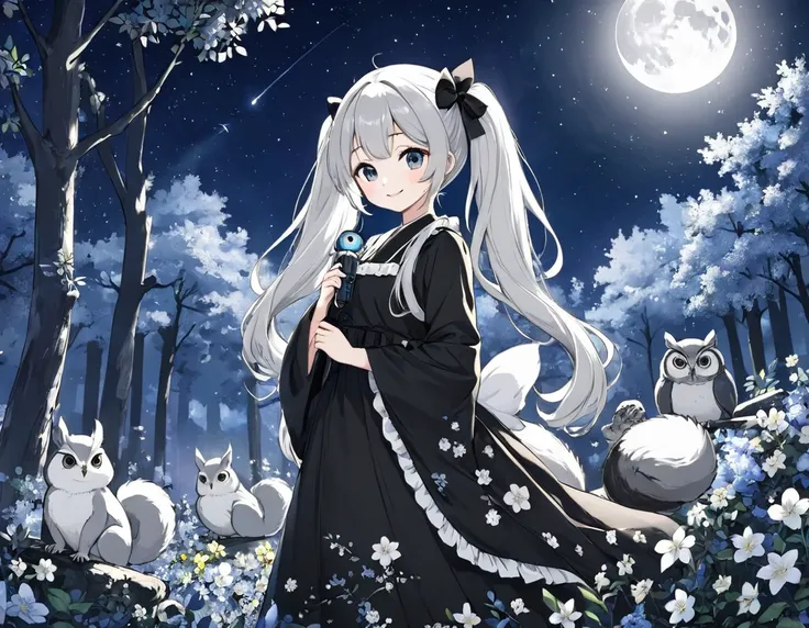 Monotone world、A world in black and white、In the mysterious forest、Lots of flowers、Mysterious long hair、Beautiful girl with twin tails、smile、looking at the camera。Long dress、full moon、shooting star、milky way、Big Owl、Cute squirrel、全てA world in black and whi...