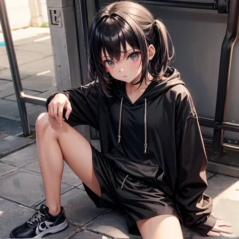 juvenile　Shiny black swimsuit and shorts　hoodie