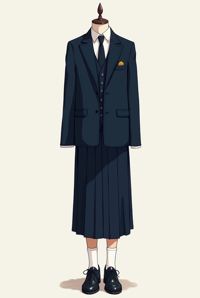 Dark navy blue prom suit sketch with white short socks and Korean style school shoes with tie, vest, long skirt and jacket the petrina of the skirt with four buttons 
