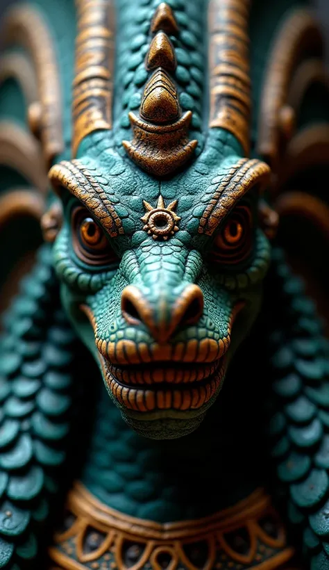 Hyperrealistic close-up photography of the bust of the Aztec God Quetzalcoatl, high contrast, mystery, power and reverence