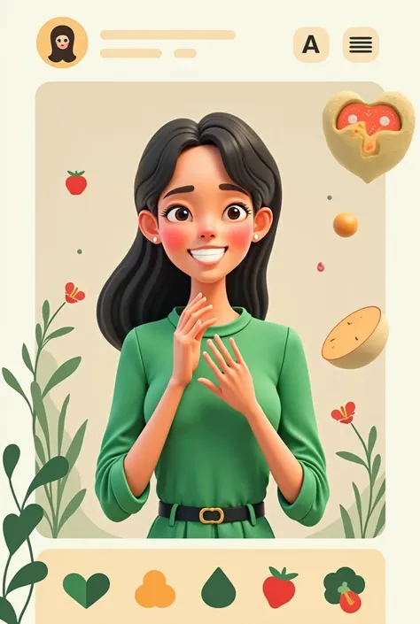 Create an image of an AI named Alice communicating through sign language in a food app wearing green clothes 