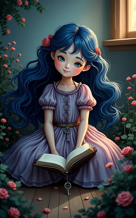 Character for childrens book, a happy seven-year-old girl with wavy hair, (blue hair), in pink and lilac dress and a cord around her neck with a key, she is sitting on the floor with a book in her lap