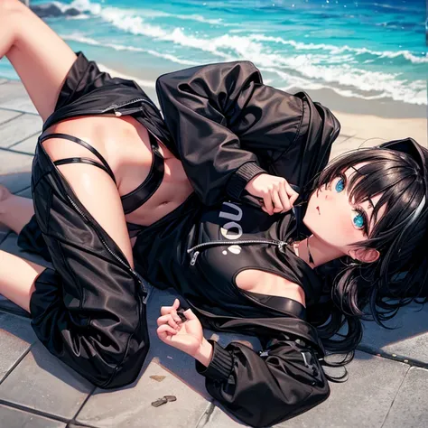 juvenile　Shiny black swimsuit and shorts　hoodie