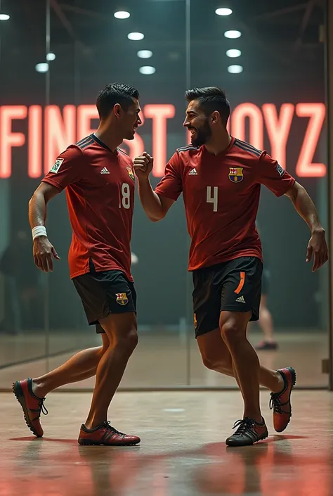 Ronaldo and Messi in the dancing studio with background written Finest Boyz 